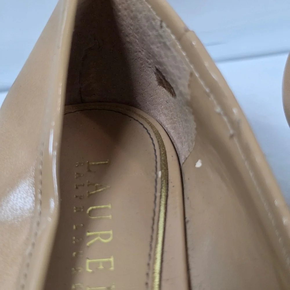 Lauren Ralph Lauren Tan Leather Peep Toe Wedge Heels Buckle Detail Beige Pumps
